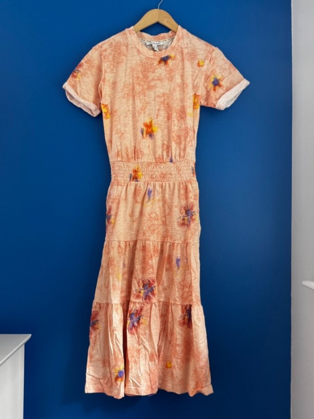 Peace Love World Dress Cotton Maxi Short Sleeve 80s Tie-Die Floral Boho - XS
